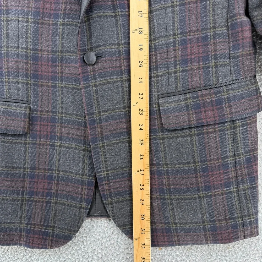 NEW Jos A Bank Plaid Tuxedo Dinner Jacket Satin Peak Lapel Burgundy Gray Men 42R